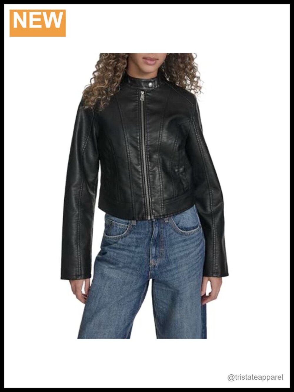 Faux Leather Racer Jacket with Princess Seams, Long Sleeve, Zipper Closure